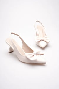 Bej Fiyonklu Kitten Topuklu Slingback Kadın Ayakkabı TR08MS24B