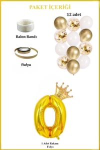 0 Rakam Gold Folyo Balon, Kral Tacı Ve Konfetili Gold Balon