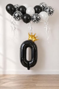 0 Rakam Siyah Folyo Balon, Kral Tacı Ve Konfetili Siyah Balon Set