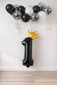 1 Rakam Siyah Folyo Balon, Kral Tacı Ve Konfetili Siyah Balon Set