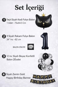 1 Yaş Kedi Temalı Doğum Günü Balon Seti – Siyah Konsept
