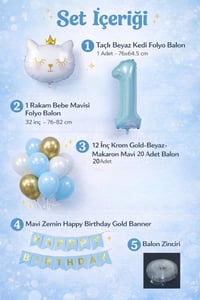 1 Yaş Kedi Temalı Doğum Günü Balon Seti – Mavi Gold Konsept