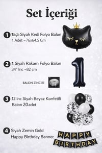 1 Yaş Kedi Temalı Doğum Günü Balon Seti – Siyah Konsept