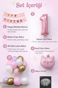 1 Yaş Kedi Temalı Doğum Günü Balon Seti – Pembe Gold Konsept