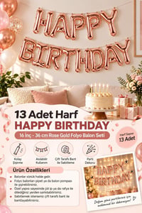 16 İnç Rose Gold Happy Birthday Folyo Balon Set 