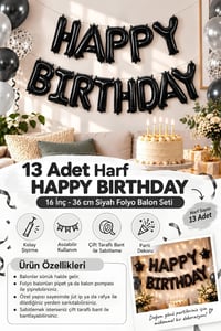 16 İnç Siyah Happy Birthday Folyo Balon Set 