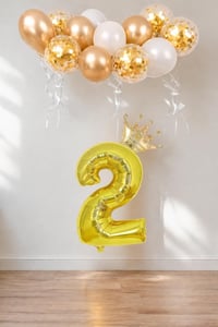2 Rakam Gold Folyo Balon, Kral Tacı Ve Konfetili Gold Balon