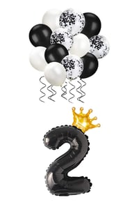 2 Rakam Siyah Folyo Balon, Kral Tacı Ve Konfetili Siyah Balon Set