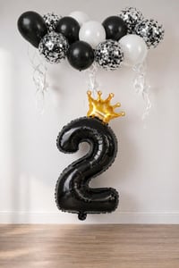 2 Rakam Siyah Folyo Balon, Kral Tacı Ve Konfetili Siyah Balon Set