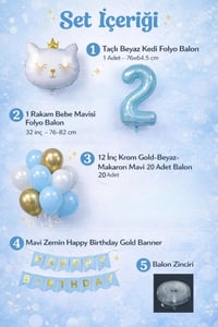2 Yaş Kedi Temalı Doğum Günü Balon Seti – Mavi Gold Konsept