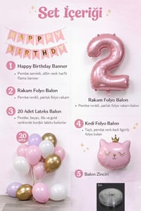2 Yaş Kedi Temalı Doğum Günü Balon Seti – Pembe Gold Konsept