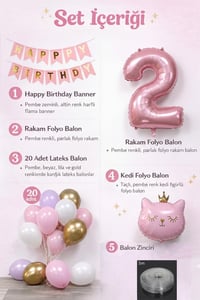 2 Yaş Kedi Temalı Doğum Günü Balon Seti – Pembe Gold Konsept