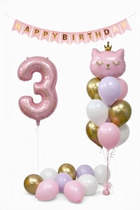 3 Yaş Kedi Temalı Doğum Günü Balon Seti – Pembe Gold Konsept