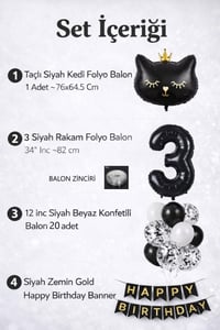 3 Yaş Kedi Temalı Doğum Günü Balon Seti – Siyah Konsept