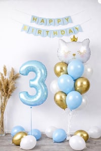 3 Yaş Kedi Temalı Doğum Günü Balon Seti – Mavi Gold Konsept