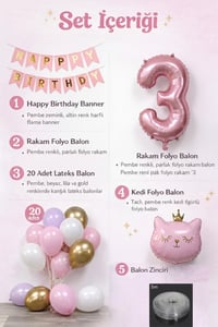 3 Yaş Kedi Temalı Doğum Günü Balon Seti – Pembe Gold Konsept