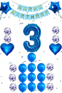 3 Yaş Mavi Konsept Doğum Günü Seti;  Kalp Yıldız Folyo Balon Set