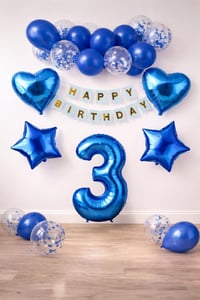 3 Yaş Mavi Konsept Doğum Günü Seti;  Kalp Yıldız Folyo Balon Set