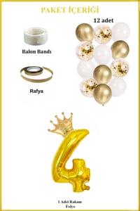 4 Rakam Gold Folyo Balon, Kral Tacı Ve Konfetili Gold Balon