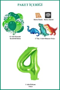 4 Yaş Dinazor Set; Rakam Folyo, 3 Adet Mini Dinazor ve 10 lu Balon