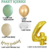4 Yaş Küf Yeşili Deniz Kumu ve Krom Gold Balonlu Konsept  Doğum Günü Seti