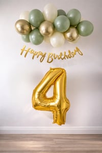 4 Yaş Küf Yeşili Deniz Kumu ve Krom Gold Balonlu Konsept  Doğum Günü Seti