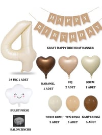 4 Yaş Retro Doğum Günü Seti; Krem Rakam Folyo, Banner, Kalp Folyo ve Lateks Balon