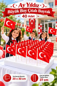 40 Adet Büyük Boy Çıtalı Türk Bayrağı – Ay Yıldız Baskılı Sopalı Bayrak 20x30 cm