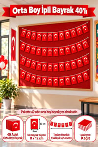 40'lı Orta Boy İpli Türk Bayrağı Seti 8x12 cm – 4,5 Metre Ay Yıldızlı Milli Bayram Süsü