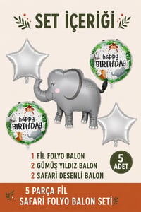5’li Fil Temalı Happy Birthday Folyo Balon Seti – Safari ve Orman Konseptli Parti Süsü