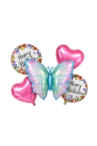 5’li Kelebek Temalı Happy Birthday Folyo Balon Seti – Pembe Kalp ve Çiçek Desenli Parti Süsü