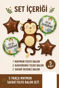 5’li Maymun Temalı Happy Birthday Folyo Balon Seti – Safari ve Orman Konseptli Parti Süsü