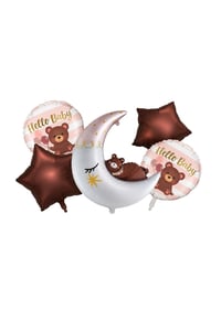 5’li Uyuyan Ayıcık Hello Baby Folyo Balon Seti – Kahverengi Yıldızlı Baby Shower Süsü