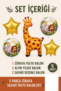 5’li Zürafa Temalı Happy Birthday Folyo Balon Seti – Safari ve Orman Konseptli Parti Süsü
