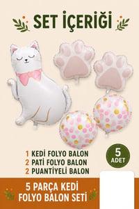 5 Parça Kedi Folyo Balon Seti – Pati ve Puantiyeli Doğum Günü Parti Süsü
