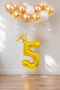 5 Rakam Gold Folyo Balon, Kral Tacı Ve Konfetili Gold Balon