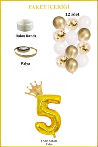 5 Rakam Gold Folyo Balon, Kral Tacı Ve Konfetili Gold Balon