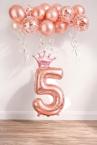 5 Rakam Rose Gold Folyo Balon, Kral Tacı Ve Konfetili Rose Gold Balon