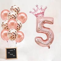 5 Rakam Rose Gold Folyo Balon, Kral Tacı Ve Konfetili Rose Gold Balon
