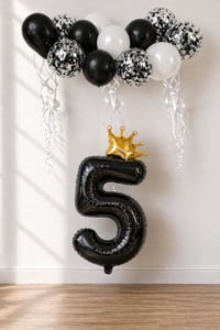 5 Rakam Siyah Folyo Balon, Kral Tacı Ve Konfetili Siyah Balon Set