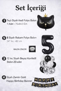 5 Yaş Kedi Temalı Doğum Günü Balon Seti – Siyah Konsept