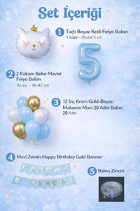 5 Yaş Kedi Temalı Doğum Günü Balon Seti – Mavi Gold Konsept