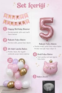 5 Yaş Kedi Temalı Günü Balon Doğum Seti – Pembe Gold Konsept
