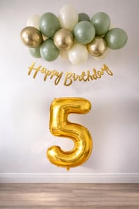 5 Yaş Küf Yeşili Deniz Kumu ve Krom Gold Balonlu Konsept  Doğum Günü Seti