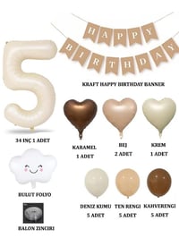 5 Yaş Retro Doğum Günü Seti; Krem Rakam Folyo, Banner, Kalp Folyo ve Lateks Balon
