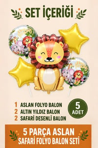 5'li Aslan Safari Temalı Folyo Balon Seti – Gold Yıldızlı Doğum Günü Parti Balonları