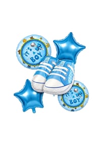 5'li Baby Boy Ayakkabı Folyo Balon Seti – Mavi Yıldızlı Erkek Bebek Baby Shower Süsü