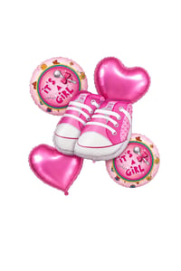 5'li Baby Girl Ayakkabı Folyo Balon Seti – Pembe Kalpli Kız Bebek Baby Shower Süsü
