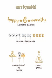 6 Ay Temalı Bebek Parti Seti Gold – Happy 6 Months Banner, Pasta Süsü, Kürdan Süs ve Parti Şapkası Seti