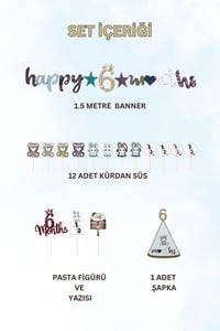 6 Ay Temalı Erkek Bebek Parti Seti – 6 Months Banner, Pasta Süsü, Kürdan Süs ve Parti Şapkası Seti